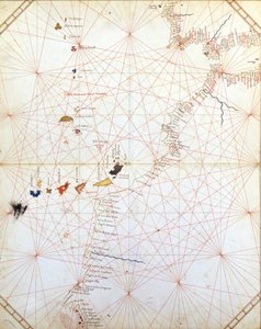 显示直布罗陀、摩洛哥和加那利群岛的地图。 15 世纪的葡萄牙语。 作者 未知艺术家