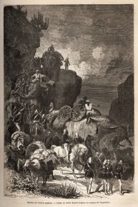 英国军队跟随狄奥多罗斯皇帝（大约 1818-1868 年）的军队向达兰塔高原进军，大象运送大炮。 雕刻以说明故事“les captifs de Theodoros”，亨利·布兰克博士 作者 未知艺术家