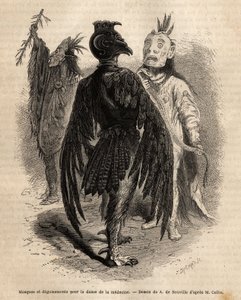 Masks and disguises for the dance of medicine among the Naya Indians. Engraving to illustrate an excursion among the Indian tribes of the basins of Colombia and Upper Missouri, by G. Catlin, in 1855, published in “” le tour du monde””, under the direction  作者 未知艺术家