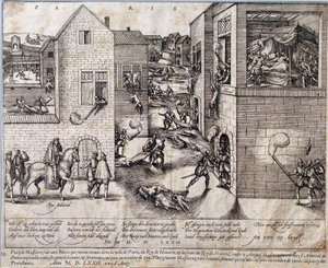 1572 年 8 月 24 日晚上在巴黎大屠杀圣巴泰勒米 (Saint Barthelemy)。16 世纪的雕刻。 波城，Musee Du Chateau 作者 未知艺术家