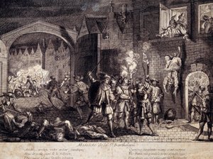Massacre of Saint Barthelemy (Saint Barthelemy) in Paris on the night of 24 August 1572. Engraving of the 16th century. Pau, Musee Du Chateau 作者 未知艺术家