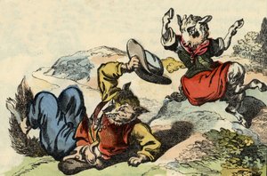 狐狸主人与小山羊玩耍。故事 "Bon medor 和 Little Chevrette "的插图。载于《小家伙们的家庭故事》。19世纪的匿名版画。 作者 未知艺术家