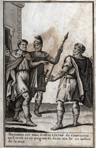 罗马皇帝马克西米安-赫拉克勒斯（Marcus Aurelius Valerius Maximianus）（约250-310年）看到他的女婿康斯坦丁（Constantine I，Flauius Valerius Aurelius Constantinus，272-306年）时感到恐惧，他认为自己在床上刺伤了他。 作者 未知艺术家