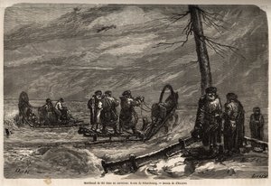Merchant of the ambulant, has a snow crossroads of the road to St. Petersburg. Drawing by Henriet, to illustrate his trip to the Russian Baltic provinces in 1851-54. Engraving in “” Le tour du monde””, edited by Edouard Charton 作者 未知艺术家