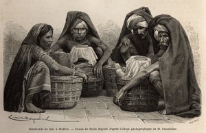 Milk merchants, in the streets of Madras (present-day Chennai, Tamil Nadu). Engraving to illustrate the voyage in the meridional provinces of India, by Alfred Grandidier, in 1862-1864, published in “” le tour du monde””, under the direction of D
