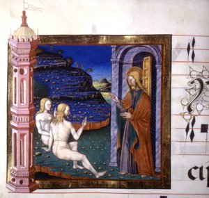Miniature depicting the creation of Adam and Eve by God. Antiphonary. 15th century.Biblioteca by Lodi 作者 Unknown artist
