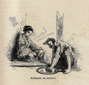 镜子抛光机。瑞士联邦部长艾梅-亨伯特为说明1863-1864年的日本之行而绘制的版画，载于《世界之旅，新的航海杂志》，由爱德华-沙特尔指导出版。 作者 未知艺术家