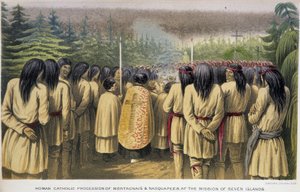 七岛的任务。蒙塔格奈人和纳斯卡佩人在七岛之家举行的天主教游行--载于《拉布拉多半岛的探索》，亨德，伦敦 作者 未知艺术家