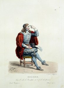 莫里哀在 1670 年的作品“女性学校”中扮演阿诺尔夫的服装。Hippolyte Lecomte（1781-1857）的法国喜剧服装。 19 世纪的雕刻。 科尔。 我们走吧。 作者 未知艺术家