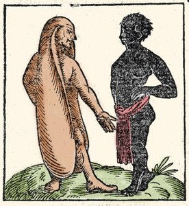 可怕的生物：两个非洲男人，其中一个长着长耳朵来保护自己免受阳光和寒冷的伤害。 当情况恐吓他们时，他们的耳朵会让他们飞走。 象征性地，他们允许他们更好地聆听上帝的话语。 木糖醇 作者 未知艺术家