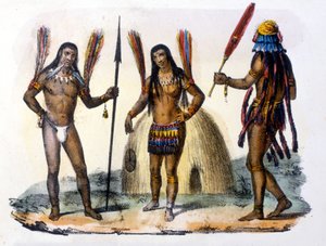 厄瓜多尔的 Mundrucu 和 Jivaros 印第安人。 雕刻 1846-48。 作者 未知艺术家