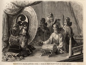 Musicians of the pontifical chapel in Kyoto (or Kioto), playing five sacred instruments, flute traversiere and flute of pan, marine conch, timpani and kakdaiko, the original gong. Engraving to illustrate the voyage to Japan in 1863-1864, by Aime Humbert, m 作者 未知艺术家