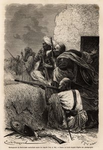 穆斯林登山者在斯瓦特山区重新定居，在1863年与一支英国探险队作战，以阻止对该地区村庄的掠夺。为说明潘贾布和克什米尔的故事而绘制的版画，由纪尧姆-勒让于1866年创作，发表在《Le tour du 作者 未知艺术家