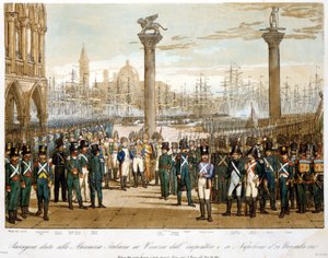 1807年11月29日，拿破仑一世在威尼斯，在意大利海军面前。1845年的雕版画 作者 未知艺术家