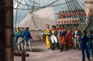 拿破仑向英国人的信仰倾诉--1815年7月15日，拿破仑-波拿巴登上引领他流亡到圣赫勒拿(St. Helene)的英国船只贝勒罗夫号(Bellerophon)--拿破仑大帝，向英国民族的慷慨解囊；在野猪身上 作者 未知艺术家