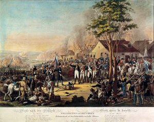 拿破仑战争：1815 年 6 月 18 日，在惠灵顿公爵亚瑟·韦尔斯利 (1769-1852) 和布卢彻王子的命令下，武装部队赢得了贝尔联盟或滑铁卢之战 作者 未知艺术家