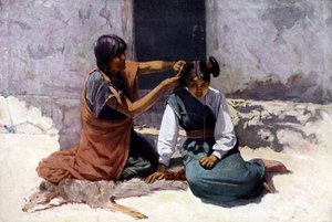 来自霍皮部落的美国原住民母亲，为女儿梳理头发准备结婚 作者 未知艺术家