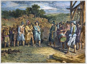 美国的原住民：印第安人。1620年，定居者在普利茅斯殖民地遇到了马萨索伊特（1590-1661），他也被称为万帕诺格部落的 "黄羽毛 "酋长。万帕诺格人领袖马萨索伊特在普利茅斯访问殖民者 作者 未知艺术家