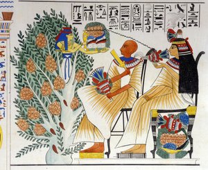 埃及女神奈芙蒂斯从神秘的树中跳出来，为死者提供食物——在伊波利托·罗西里尼 (Rossellini) 的“埃及和上努比亚纪念碑”中。 19 世纪。 作者 未知艺术家