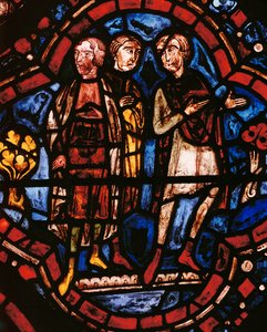 诺亚的儿子、妻子和儿媳观看方舟的建造（彩色玻璃） 作者 未知艺术家