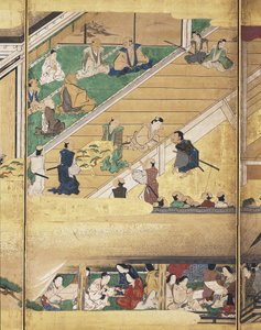 能剧：船辨庆（纸本水墨、彩金、六格屏风） 作者 未知艺术家