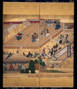 能剧：船辨庆（纸本水墨、彩金、六格屏风） 作者 未知艺术家