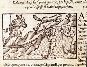 挪威猎人穿过滑雪板。 Olaus Magnus（1490 - 1557）雕刻，瑞典宗教和地理学家，“Historia de Gentis Septentrionalibus”，威尼斯 作者 未知艺术家