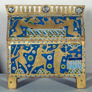 艺术品：坎特伯雷大主教圣托马斯贝克特（1118-1170）的珐琅狩猎、金和铜。 它是 1170 年 12 月 29 日在坎托贝里大教堂暗杀 Archeveque 及其葬礼的代表。 约 1220 作者 未知艺术家