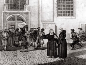1517年10月31日，路德在维滕贝格城堡的大门上张贴了他的95条论纲，"谴责出售赎罪券的行为，这标志着宗教改革的开始--grav。 作者 未知艺术家