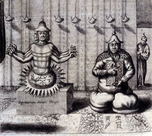 左边是八臂印度神，右边是阿弥陀佛。 “德中国纪念碑”，作者 Athanasius Kircher（1601 - 1680），耶稣会士、东方学家和德国学者，阿姆斯特丹 1667。 作者 未知艺术家