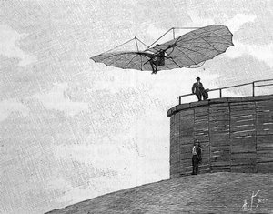 奥托-李林塔尔（1848-1896），德国航空先驱，带着他的飞行器从他的木塔上跃下（来自一张即时照片）。2月3日 "自然：科学与艺术和工业应用杂志 "中的雕刻。 作者 未知艺术家