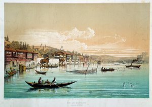 奥斯曼帝国："土耳其Bebek附近的博斯普鲁斯海峡景色" 钓鱼场景。19世纪巴黎装饰艺术的雕版画 作者 未知艺术家