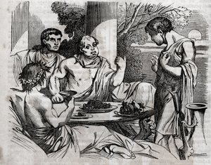 户外宴会场景--维泰利乌斯（Aulus Vitellius Germanicus Imperator Augustus）罗马皇帝（15-69）正在举行宴会--刻在《全民健康--家庭医疗指南》1852年的版画。 作者 未知艺术家