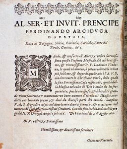卢多维科·维亚达纳 (Ludovico Viadana) 交响曲乐谱中对奥地利费迪南德 (Ferdinand) 的奉献页面 作者 未知艺术家