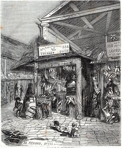 巴黎第三区--Carre de la Foret-Noire：19世纪在Le Carreau du Temple出售皮革和鞋子--Edmond Texier在 "Tableau-de-Paris "中的雕刻。 作者 未知艺术家