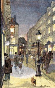 巴黎的夜景，19世纪末的插图。 作者 未知艺术家