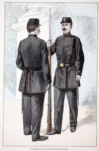 维和人员（勒平时期）。 蚀刻颜色，作为插图“”Histoire du corps des gardiens de la paix ”””由塞纳河警察局长 Louis Lepine (1846-1933) 主持出版的书，作者是 Alfred Rey (1864-?) 和 Louis Feron (1862- 作者 未知艺术家