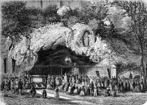 Pelerins 位于高比利牛斯山脉的卢尔德奇迹洞穴前，1858 年圣母在那里向 Bernadette Soubirous (1844-1879) 显现，现在是朝圣地。 19 世纪的雕刻 作者 未知艺术家