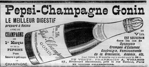 Pepsi Champagne Gonin（来自Gonin品牌的Pepsi-Champagne）。在兰斯用香槟酒和胃蛋白酶制作的消化药。酒精建议用于消化不良、胃痉挛、胃痛、妊娠呕吐、贫血的情况。(在药店出售)。雕刻在" 作者 未知艺术家