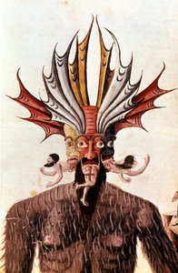 路西法（魔鬼）在但丁的《神曲》中的表演。 14 世纪手稿。 Biblioteca Trivulziana，米兰。 作者 未知艺术家