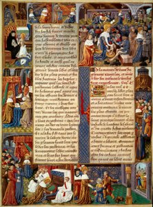 Piete场景：“”国王路易九世（1214-1270）（圣路易斯）为穷人洗脚，国王祈祷和国王的基督教慈善场景“”手稿的缩影“”圣主教的事实之书 路易””15 世纪。 巴黎, B.N 作者 未知艺术家