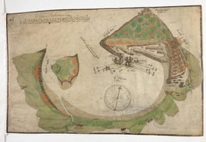 圣塞巴斯蒂安城镇和港口平面图，由理查德·保尔特 (Richard Poulter) 绘制，1585 年 6 月 作者 未知艺术家