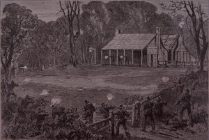 1880年6月28日，警察在格伦罗文酒店向凯利帮开火（雕刻）。 作者 未知艺术家
