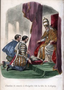 教皇格雷戈里十三世（1502-1585）接受了1572年圣巴托洛缪日大屠杀中被暗杀的加斯帕德-德-科里尼（1519-1572）的头颅，作为法国国王查理九世（1550-1574）的礼物。 作者 未知艺术家