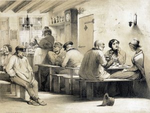 受欢迎的旅馆“”Le Carpet Franc”。 19 世纪的插图。 作者 未知艺术家