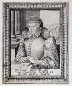 法国王后凯瑟琳·德·美第奇 (Caterina de Medicis) (1519-1589) 的肖像。 16 世纪的雕刻。 波城，杜城堡博物馆 作者 未知艺术家