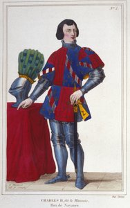 邪恶的查理二世 (1332 - 1387) 的肖像。 纳瓦拉国王 - 1349 年至 1387 年的西班牙。 1830 年的雕刻 作者 未知艺术家