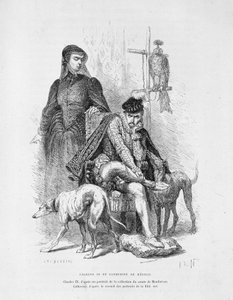 查理九世和凯瑟琳-德-美第奇（Caterina de Medici）的画像--载于吉佐的《法国历史》。 作者 未知艺术家