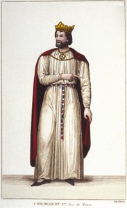 巴黎国王 Childebert I (v. 495-558) 的肖像。 1830 年的雕刻 作者 未知艺术家