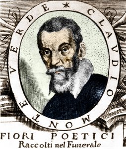 克劳迪奥·蒙特威尔第 (Claudio Monteverdi) 的肖像，取自 1644 年在威尼斯出版的非常杰出且非常可敬的克劳迪奥·蒙特威尔第 (Claudio Monteverdi) 先生的葬礼中收集的诗意花卉卷首画。 作者 未知艺术家